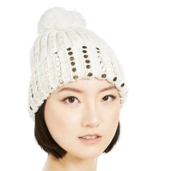 DKNY Flat-Stud Metallic Rib-Knit Beanie Ivory/Gold - Picture 1 of 4